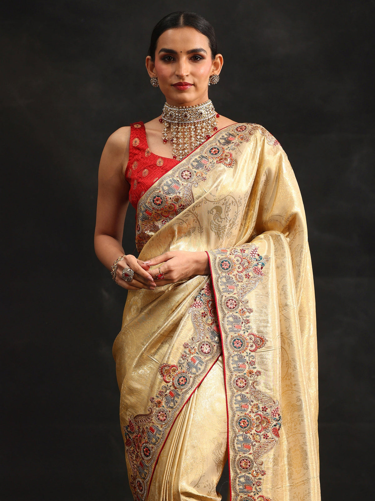 Anouk Art Gold Silk Blend Saree with Embroidered Border