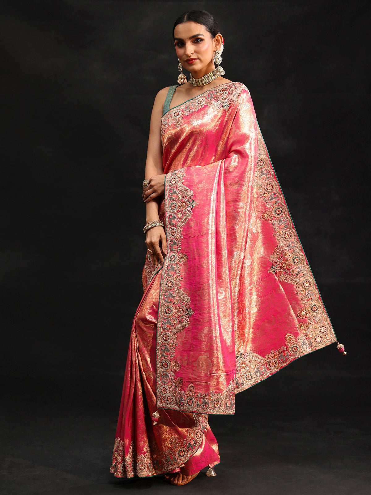 Anouk Art Rose Pink Woven Design Saree with Embroidered Border