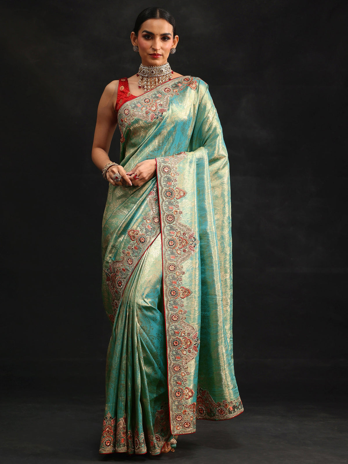 Anouk Art Aqua Blue Woven Design Saree with Embroidered Border