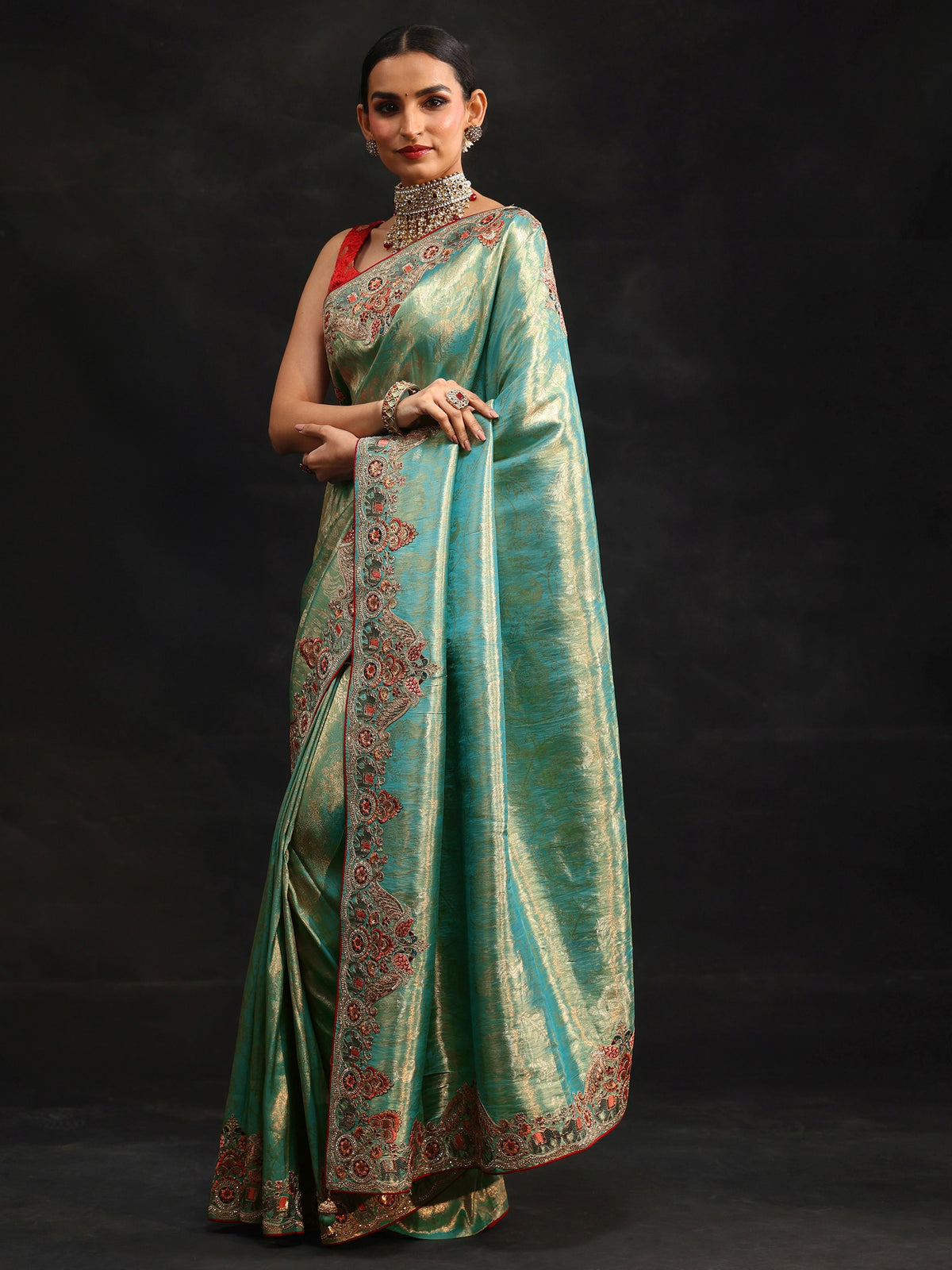 Anouk Art Aqua Blue Woven Design Saree with Embroidered Border