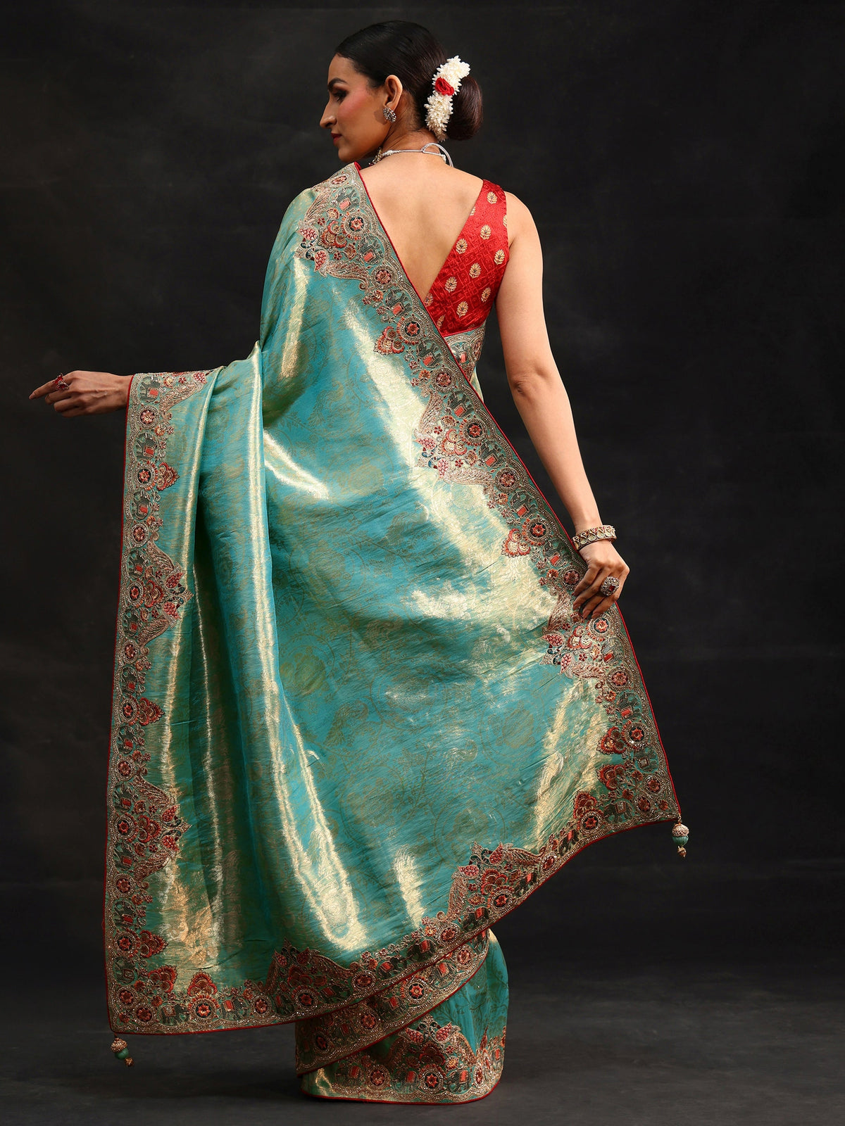 Anouk Art Aqua Blue Woven Design Saree with Embroidered Border