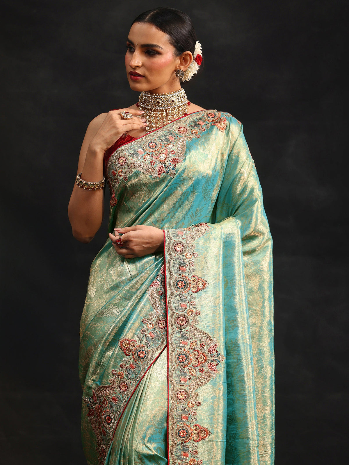 Anouk Art Aqua Blue Woven Design Saree with Embroidered Border