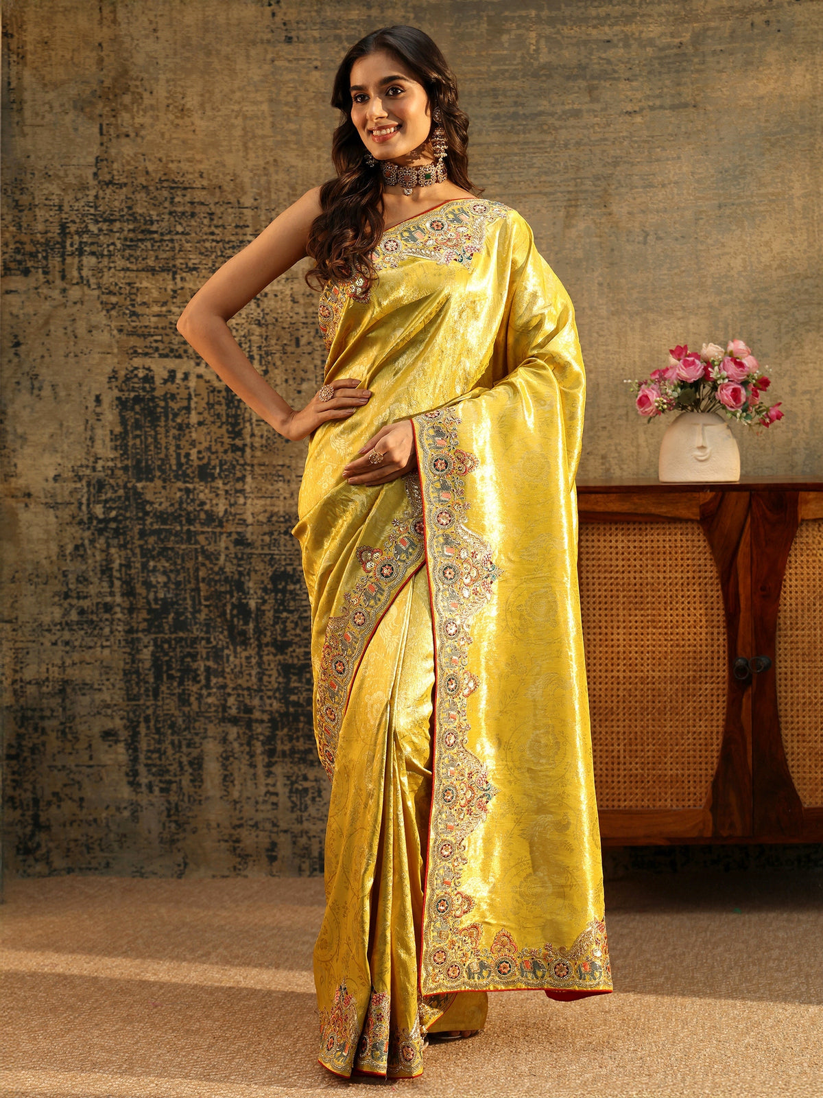 Anouk Art Chartreuse Green Woven Silk Blend Saree with Embellished Saree