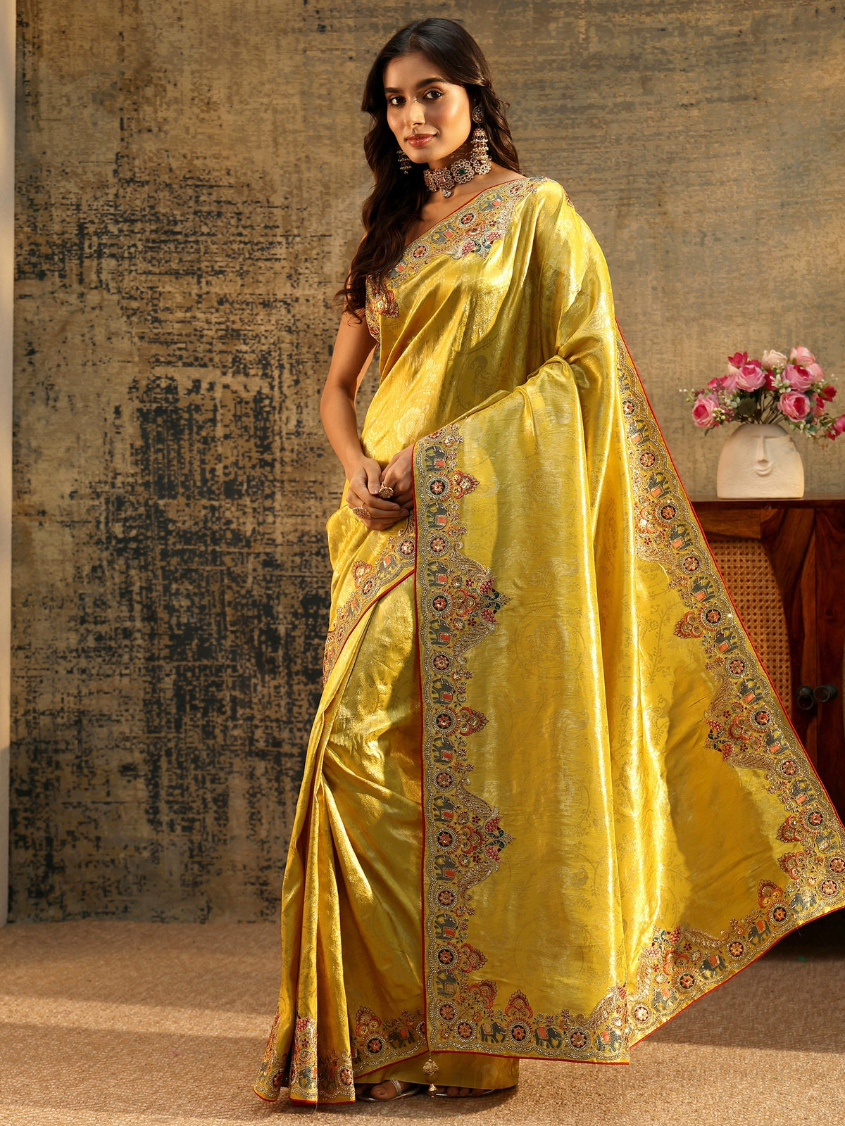 Anouk Art Chartreuse Green Woven Silk Blend Saree with Embellished Saree