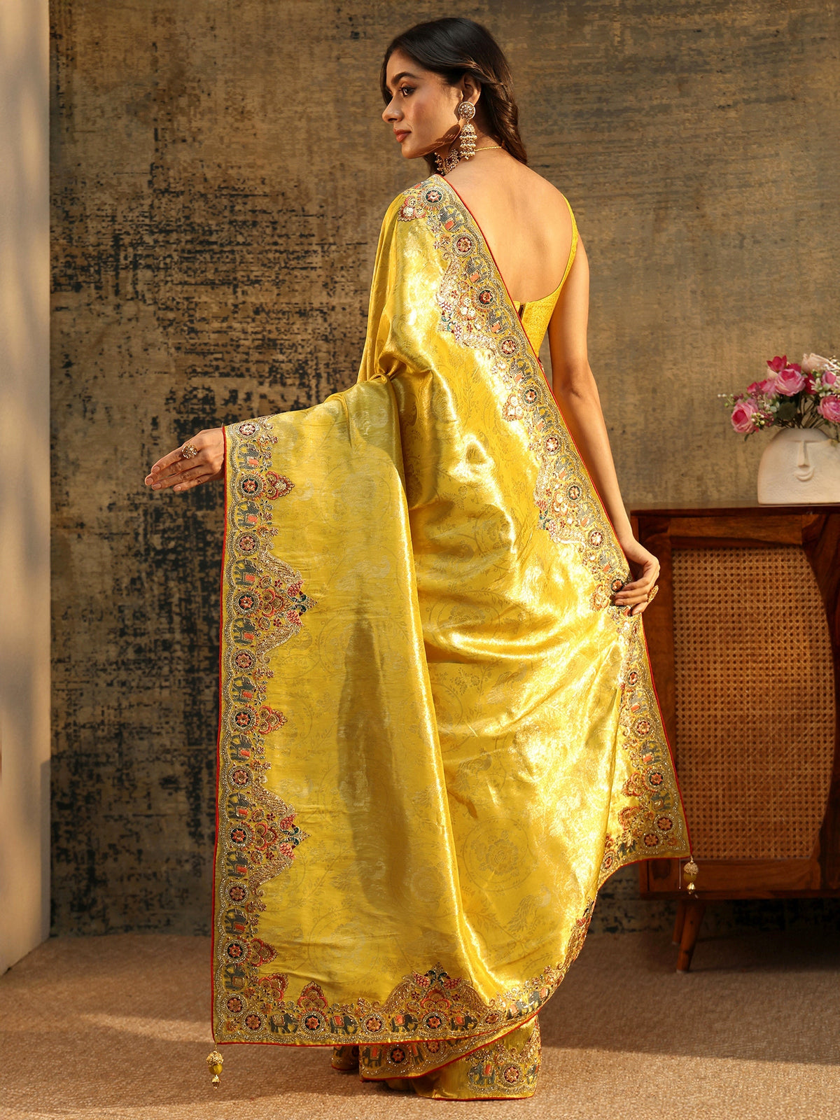 Anouk Art Chartreuse Green Woven Silk Blend Saree with Embellished Saree