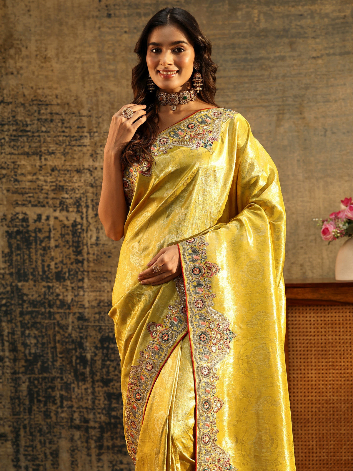 Anouk Art Chartreuse Green Woven Silk Blend Saree with Embellished Saree