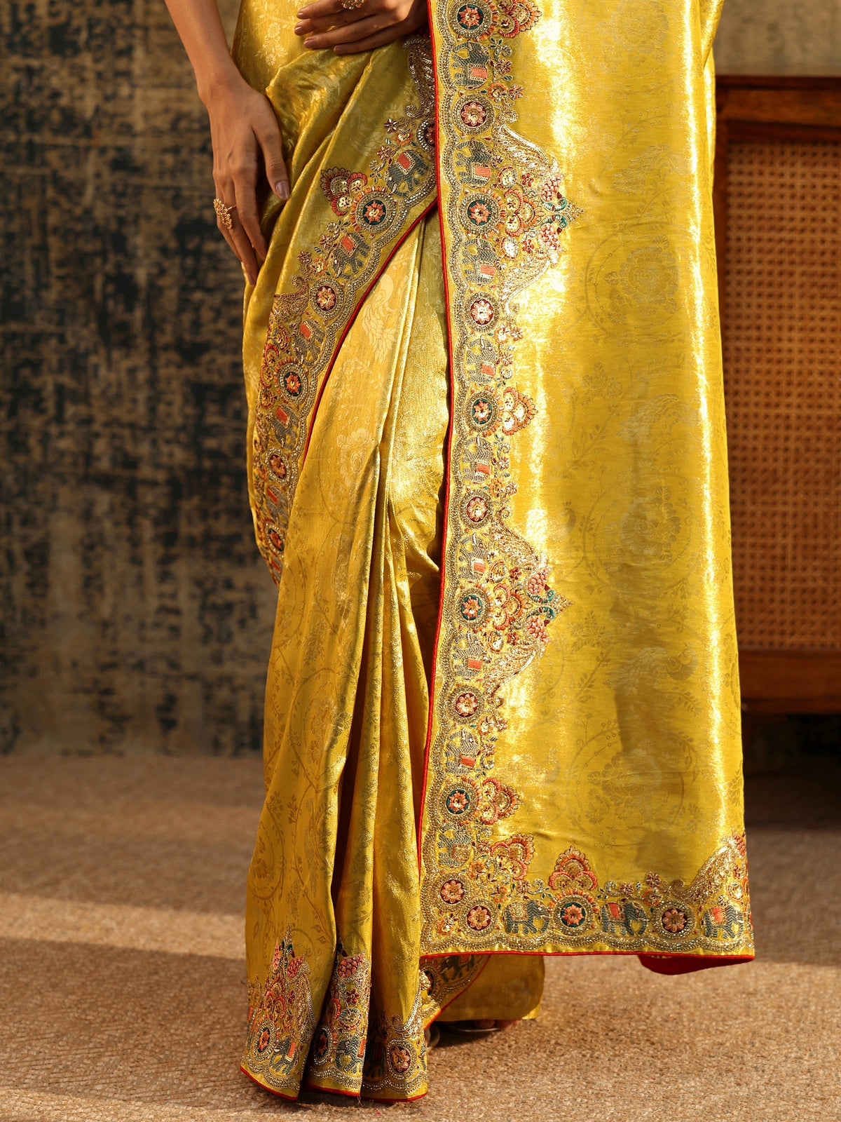 Anouk Art Chartreuse Green Woven Silk Blend Saree with Embellished Saree