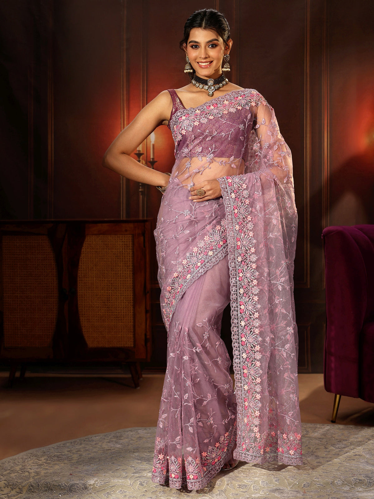 Anouk Lavender Floral Embroidered Net Saree