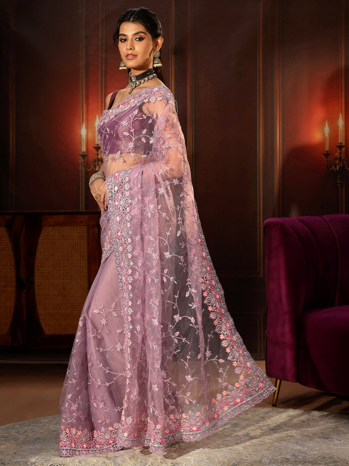 Anouk Lavender Floral Embroidered Net Saree