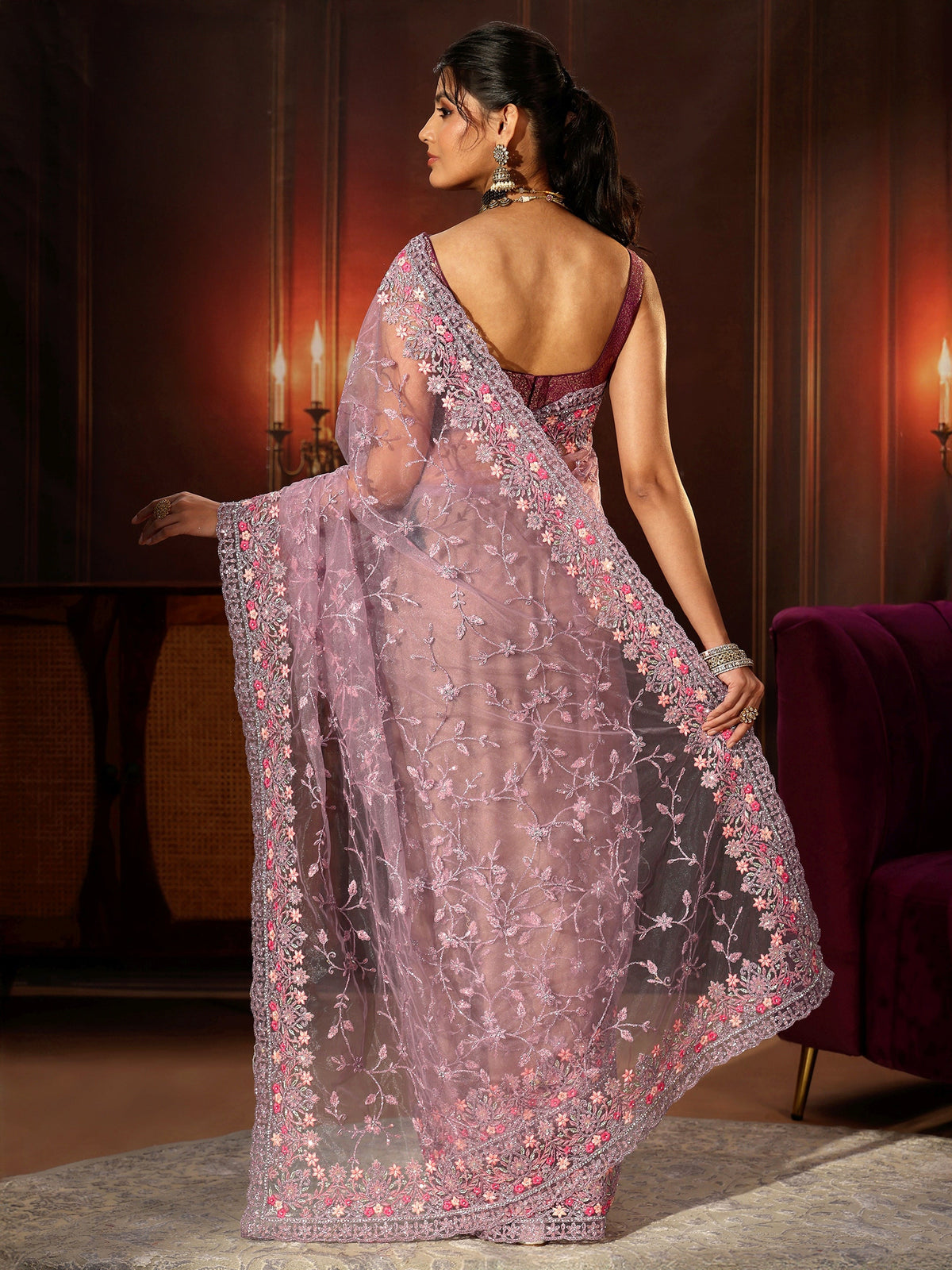 Anouk Lavender Floral Embroidered Net Saree