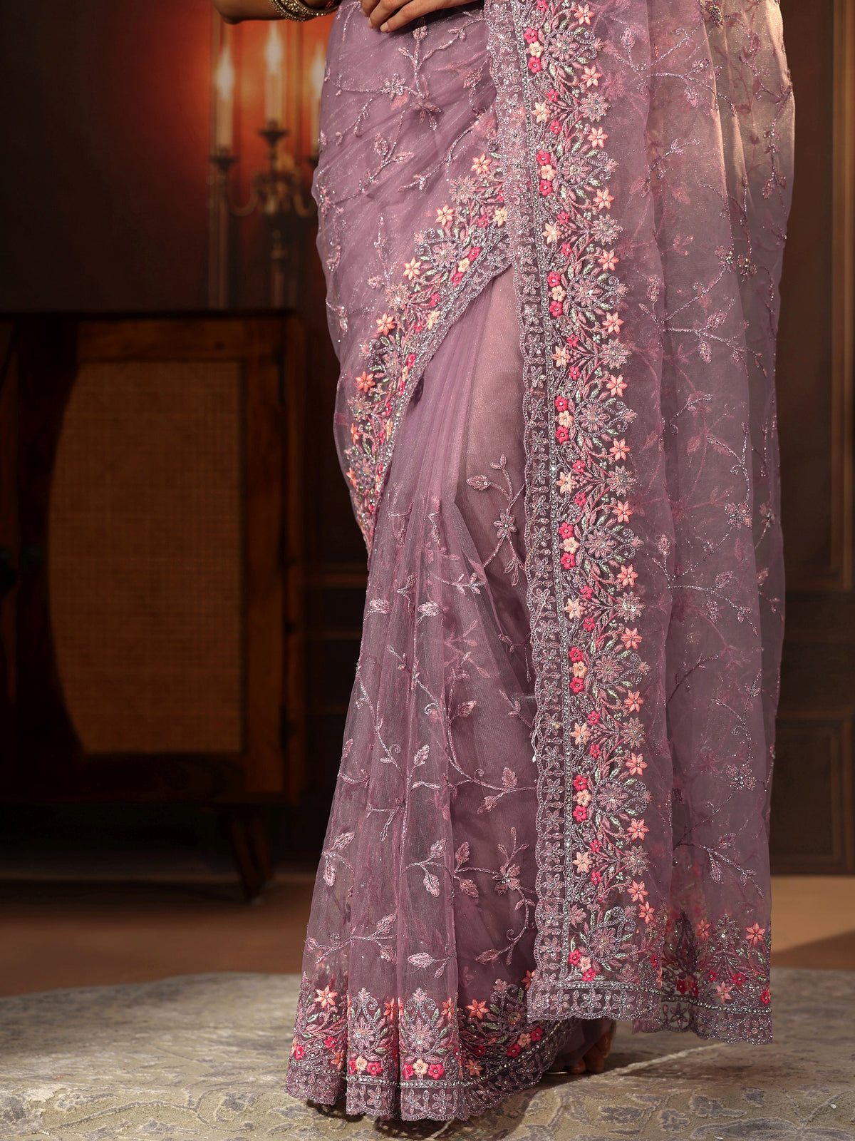 Anouk Lavender Floral Embroidered Net Saree