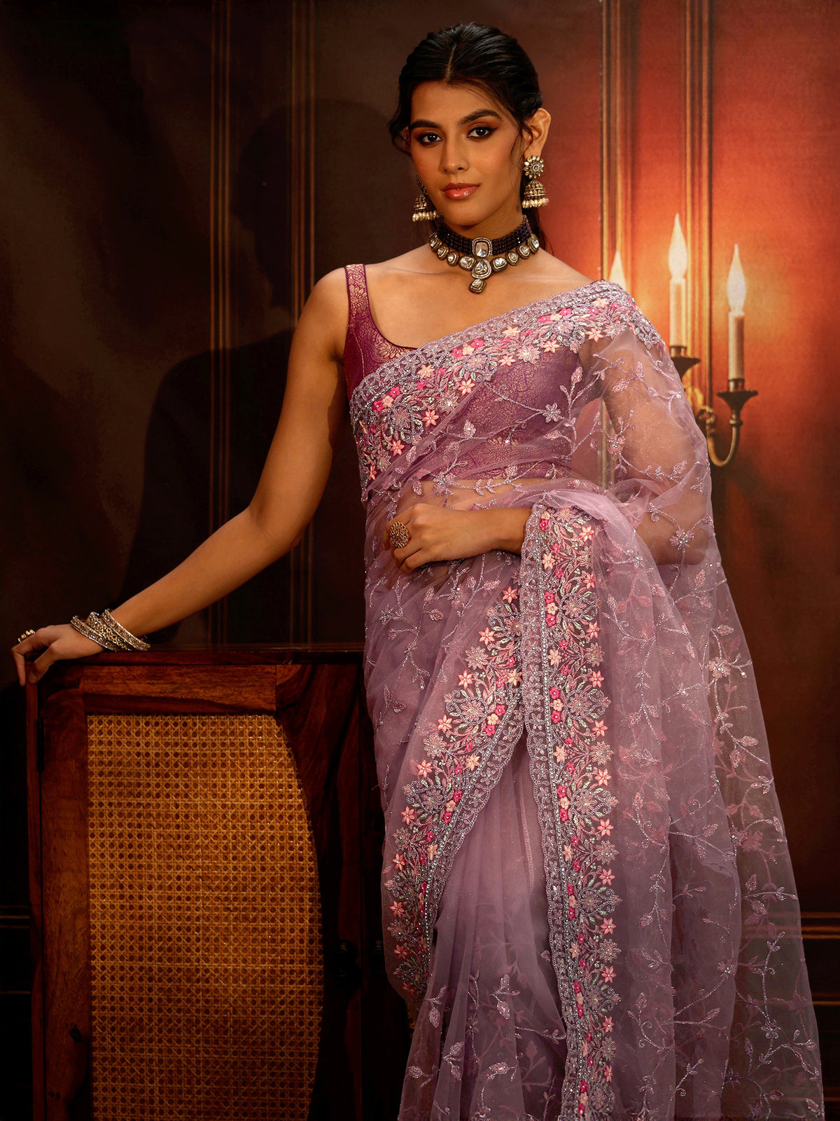 Anouk Lavender Floral Embroidered Net Saree