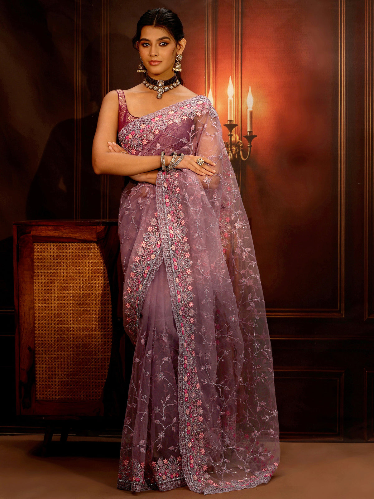 Anouk Lavender Floral Embroidered Net Saree