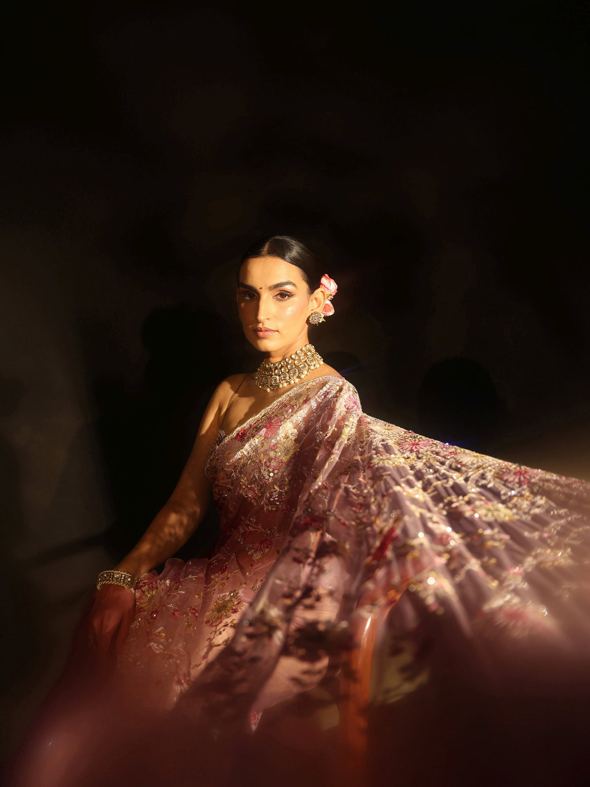 Anouk Art Baby Pink Floral Embroidered Net Saree