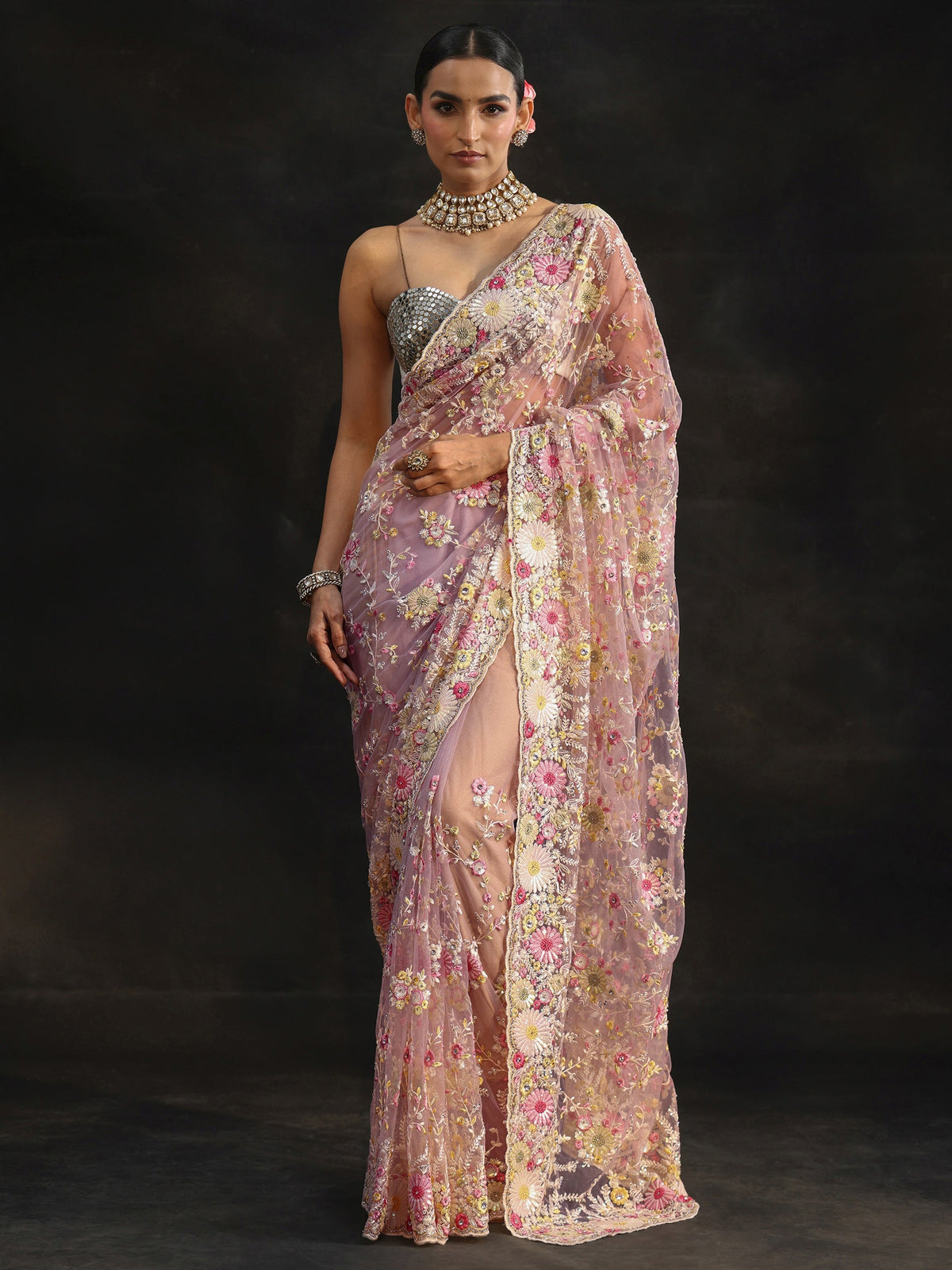 Anouk Art Baby Pink Floral Embroidered Net Saree