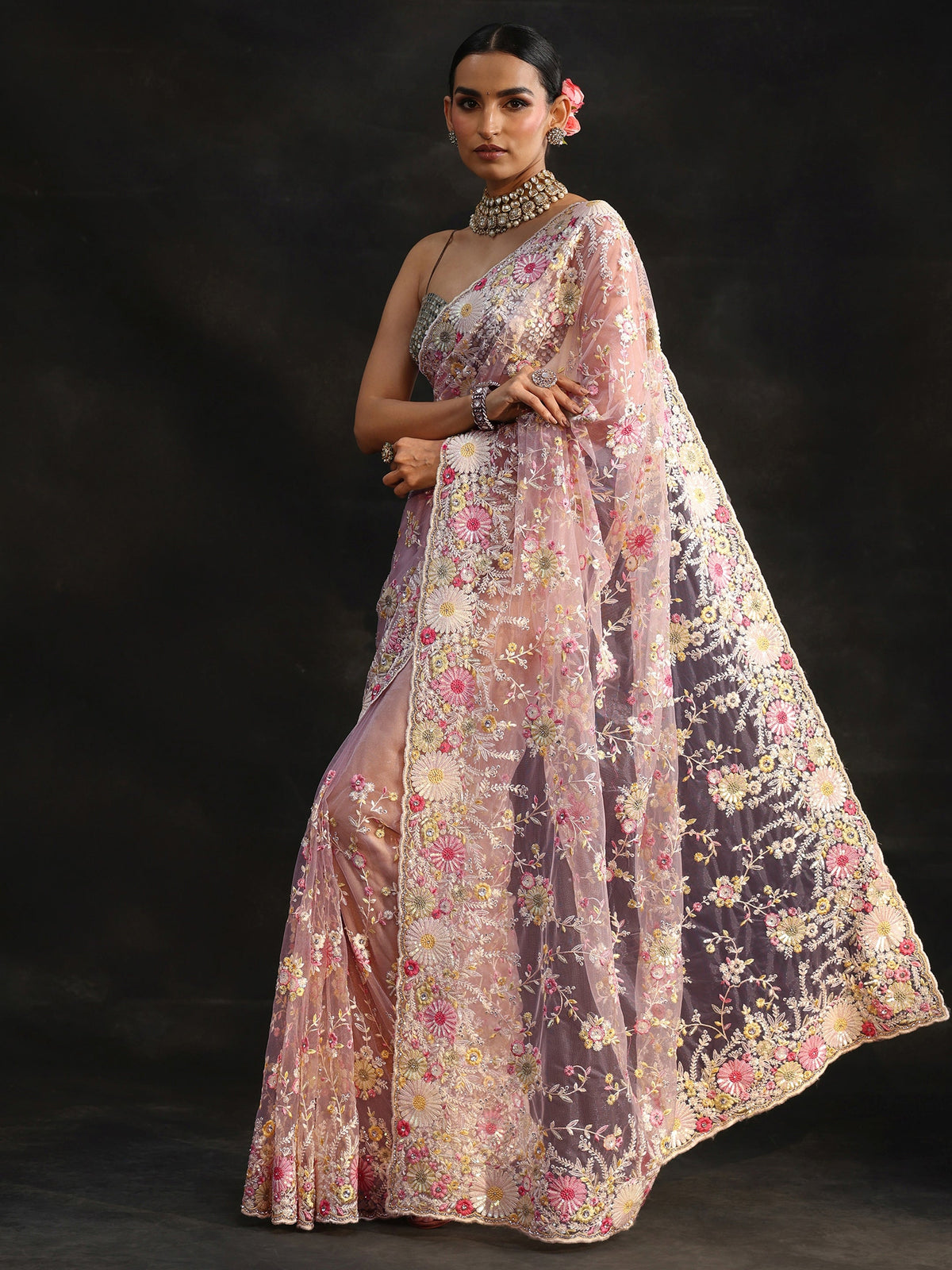 Anouk Art Baby Pink Floral Embroidered Net Saree