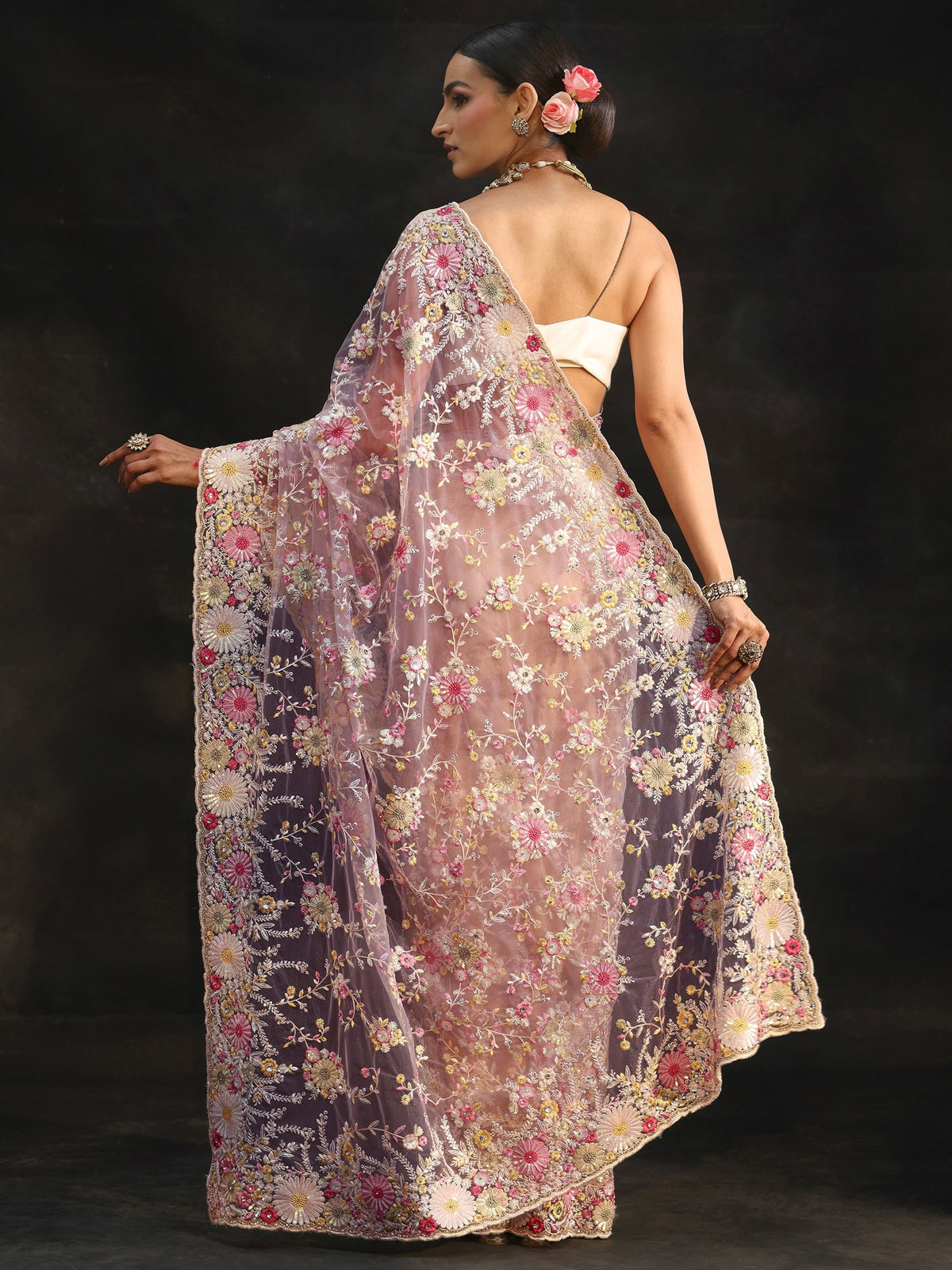 Anouk Art Baby Pink Floral Embroidered Net Saree