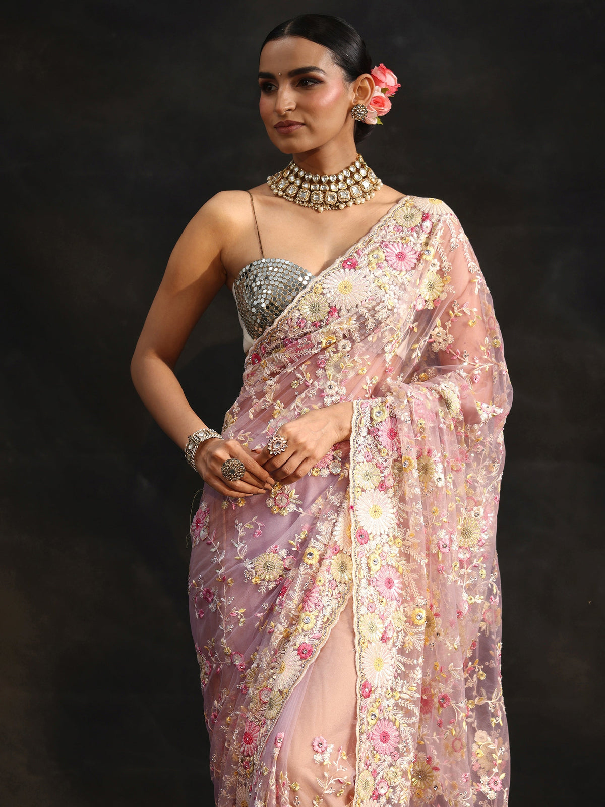 Anouk Art Baby Pink Floral Embroidered Net Saree