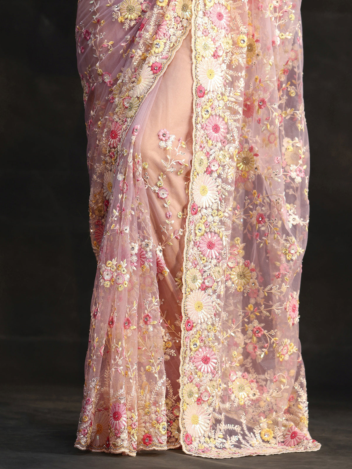 Anouk Art Baby Pink Floral Embroidered Net Saree