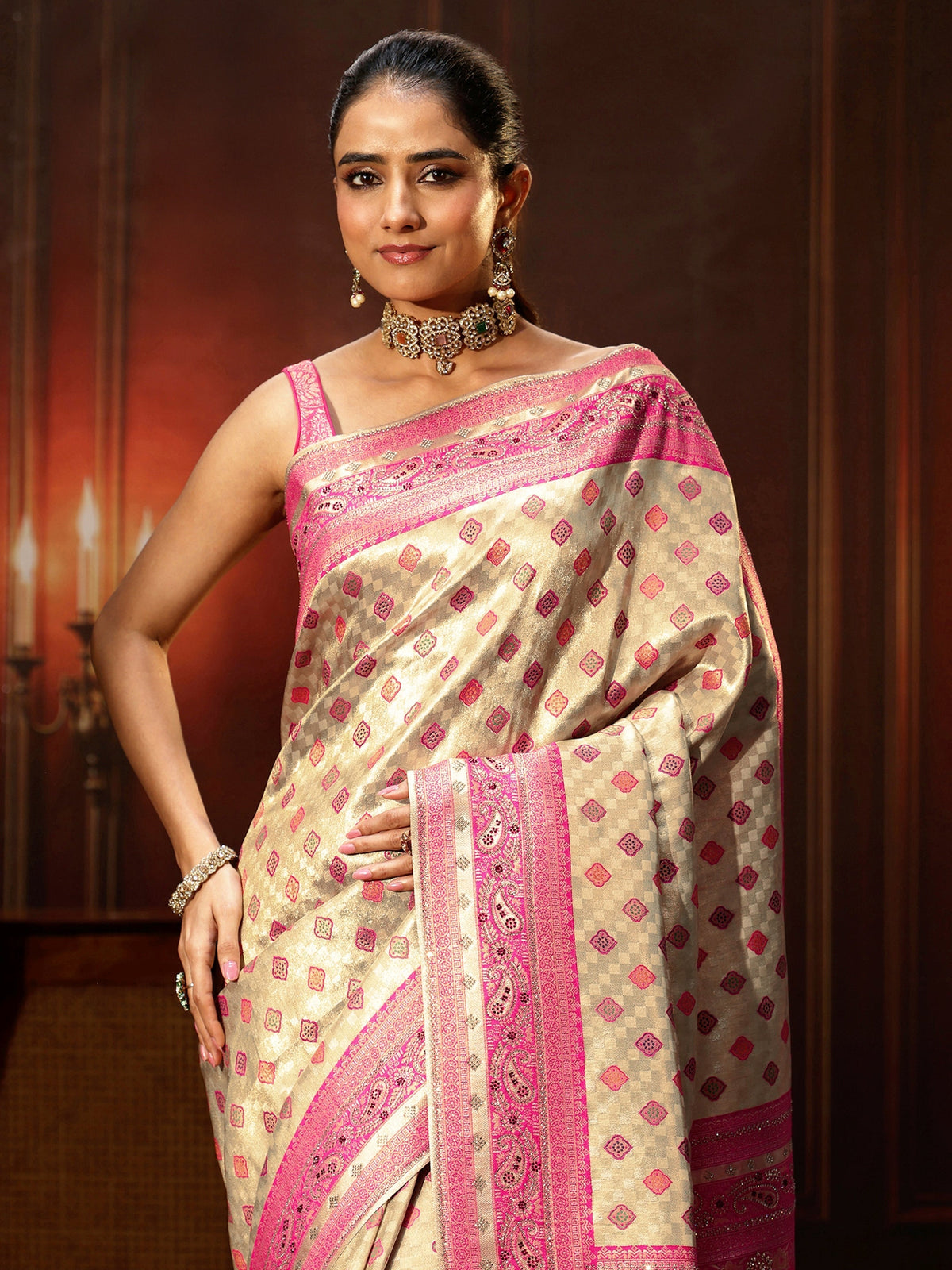 Anouk Gold Woven Design Silk Blend Saree with Embellished Pallu