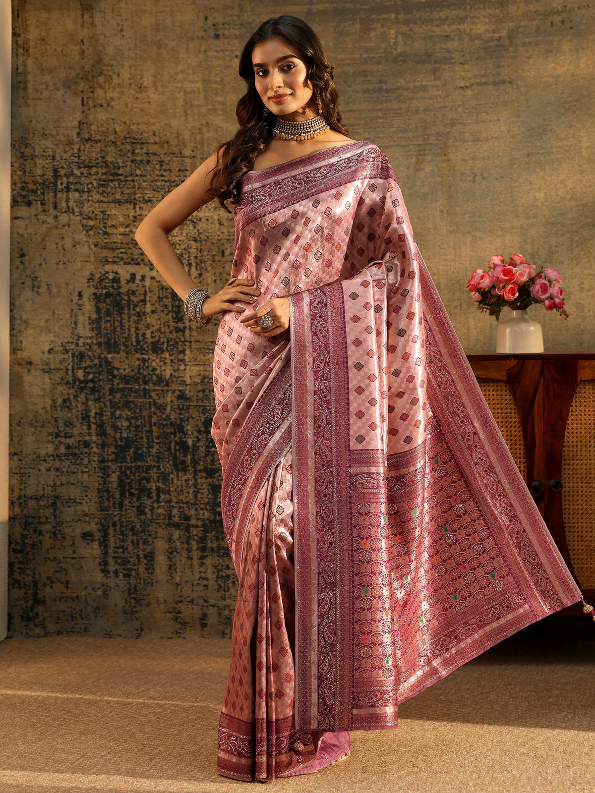 Anouk Lilac Woven Silk Blend Saree with Paisley Embellished Border