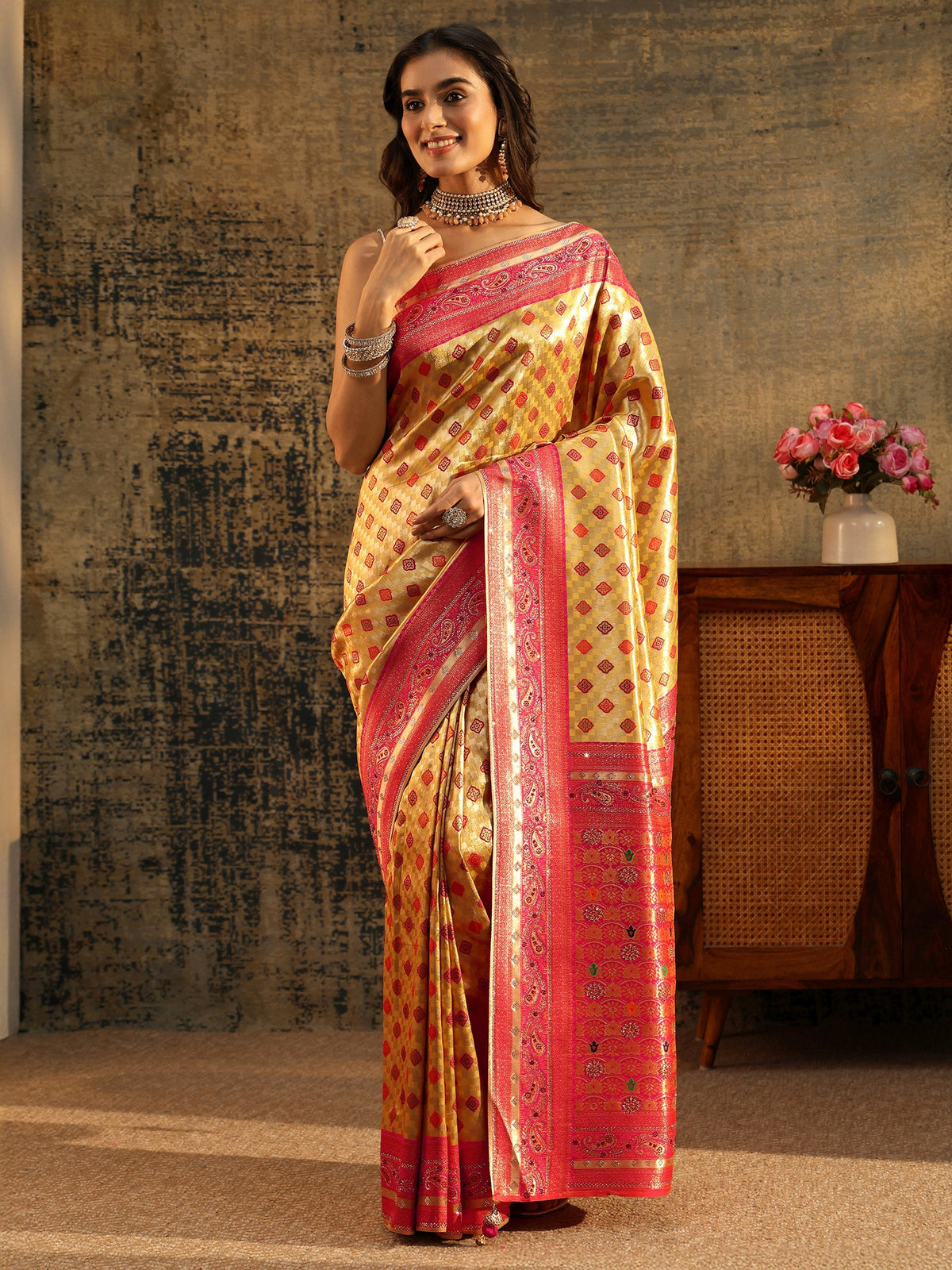 Anouk Mustard Woven Silk Blend Saree with Paisley Embellished Border