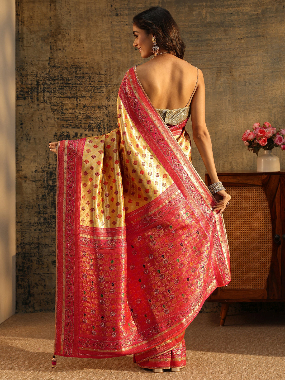 Anouk Mustard Woven Silk Blend Saree with Paisley Embellished Border
