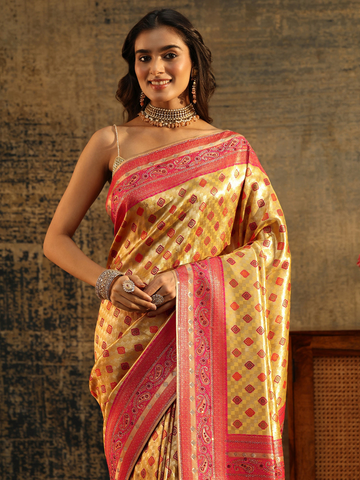 Anouk Mustard Woven Silk Blend Saree with Paisley Embellished Border