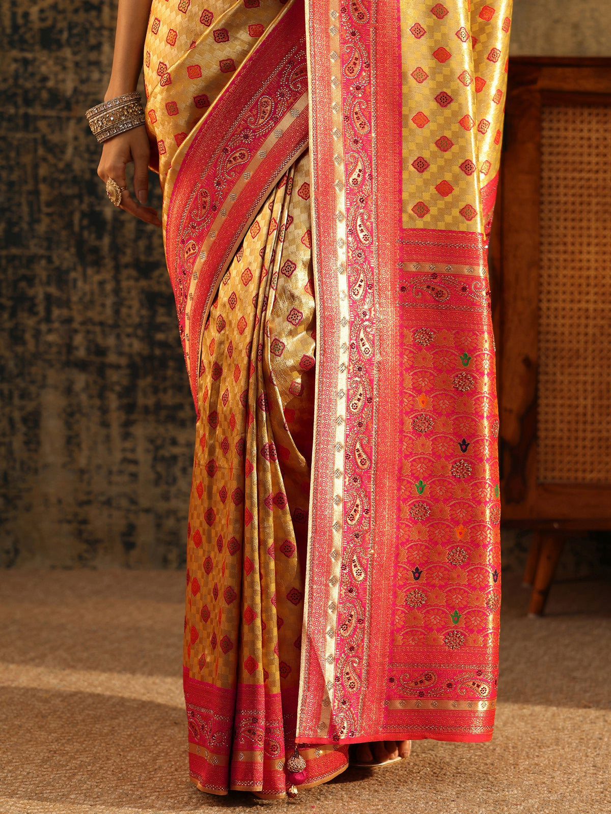 Anouk Mustard Woven Silk Blend Saree with Paisley Embellished Border