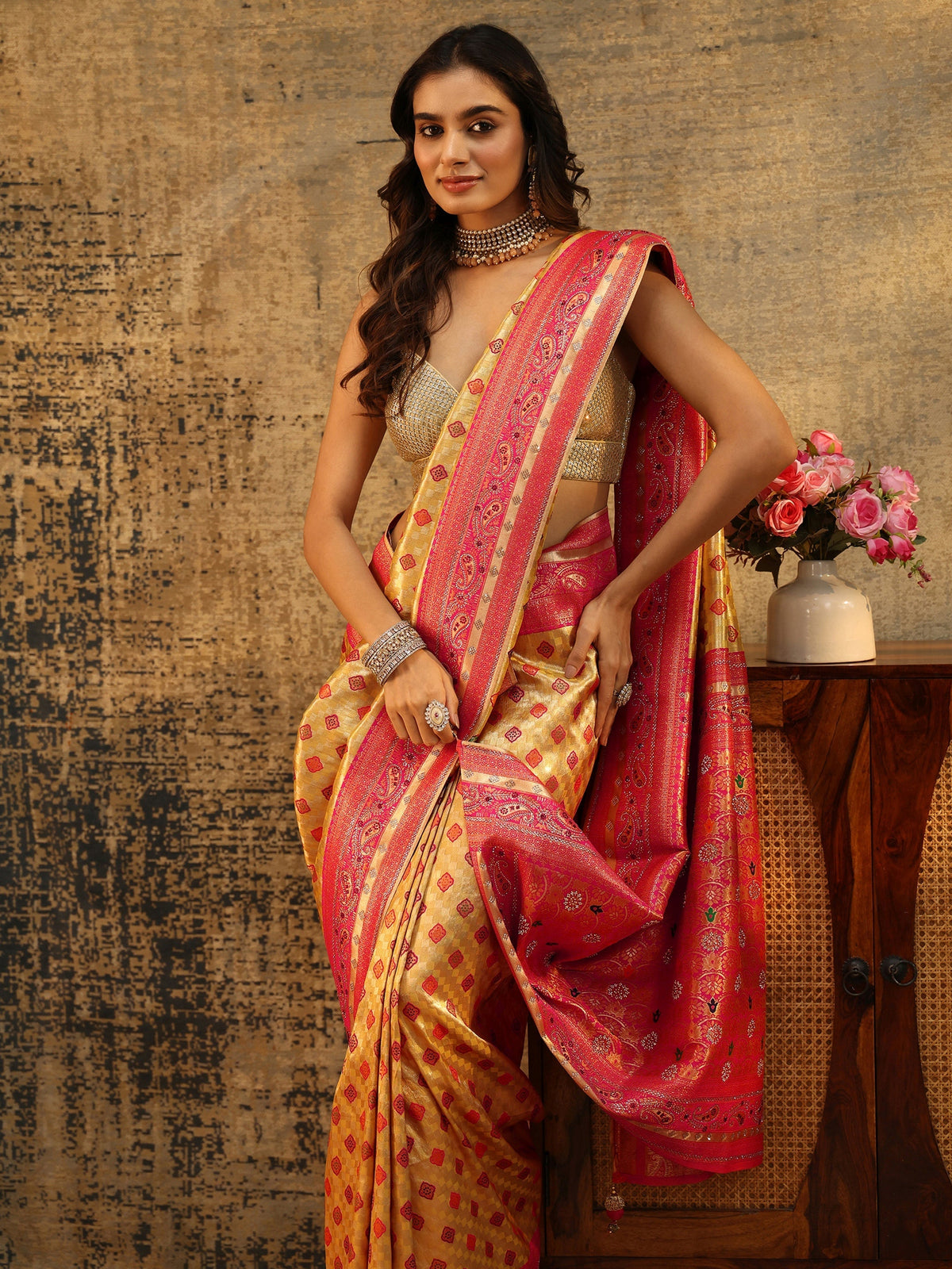 Anouk Mustard Woven Silk Blend Saree with Paisley Embellished Border