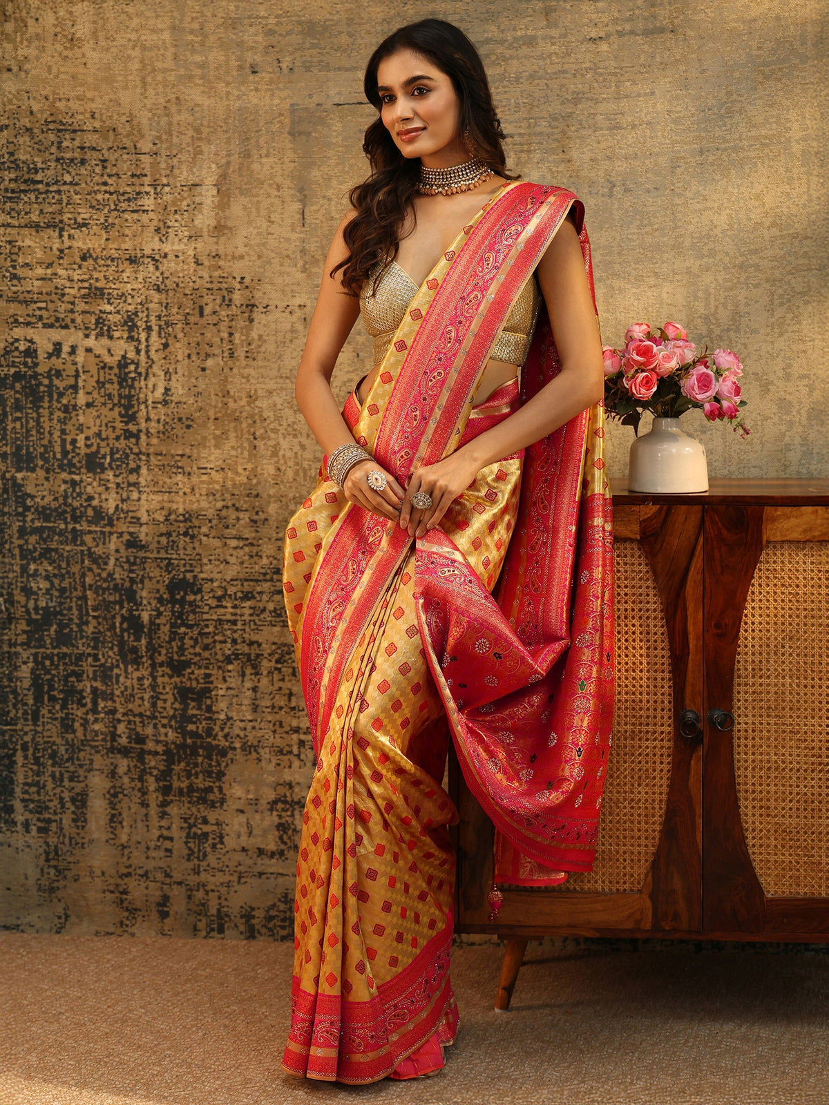 Anouk Mustard Woven Silk Blend Saree with Paisley Embellished Border