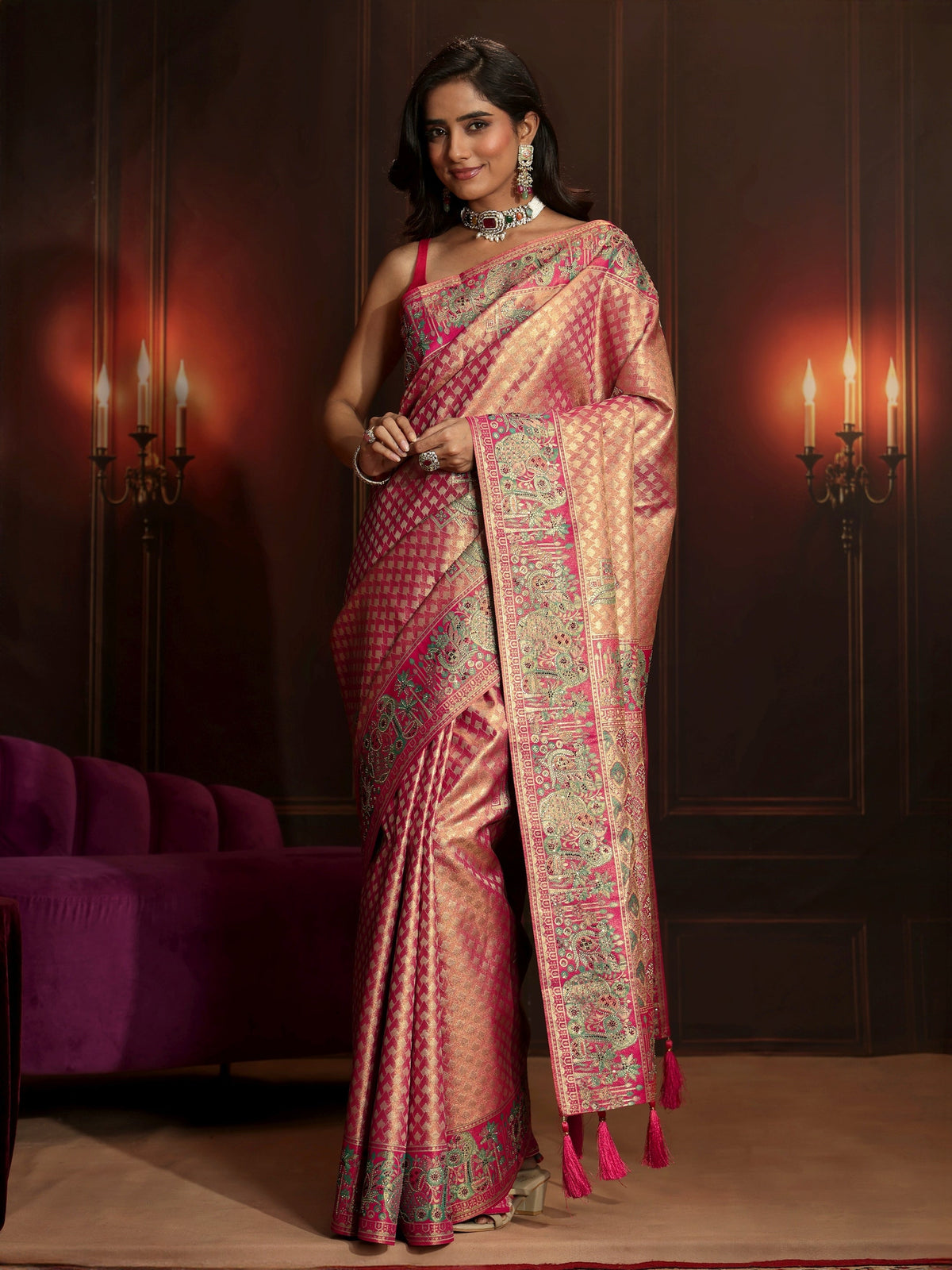 Anouk Art Rose Pink Woven Design Silk Blend Saree