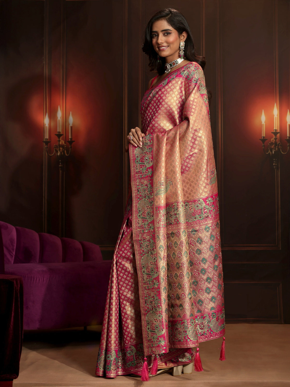 Anouk Art Rose Pink Woven Design Silk Blend Saree