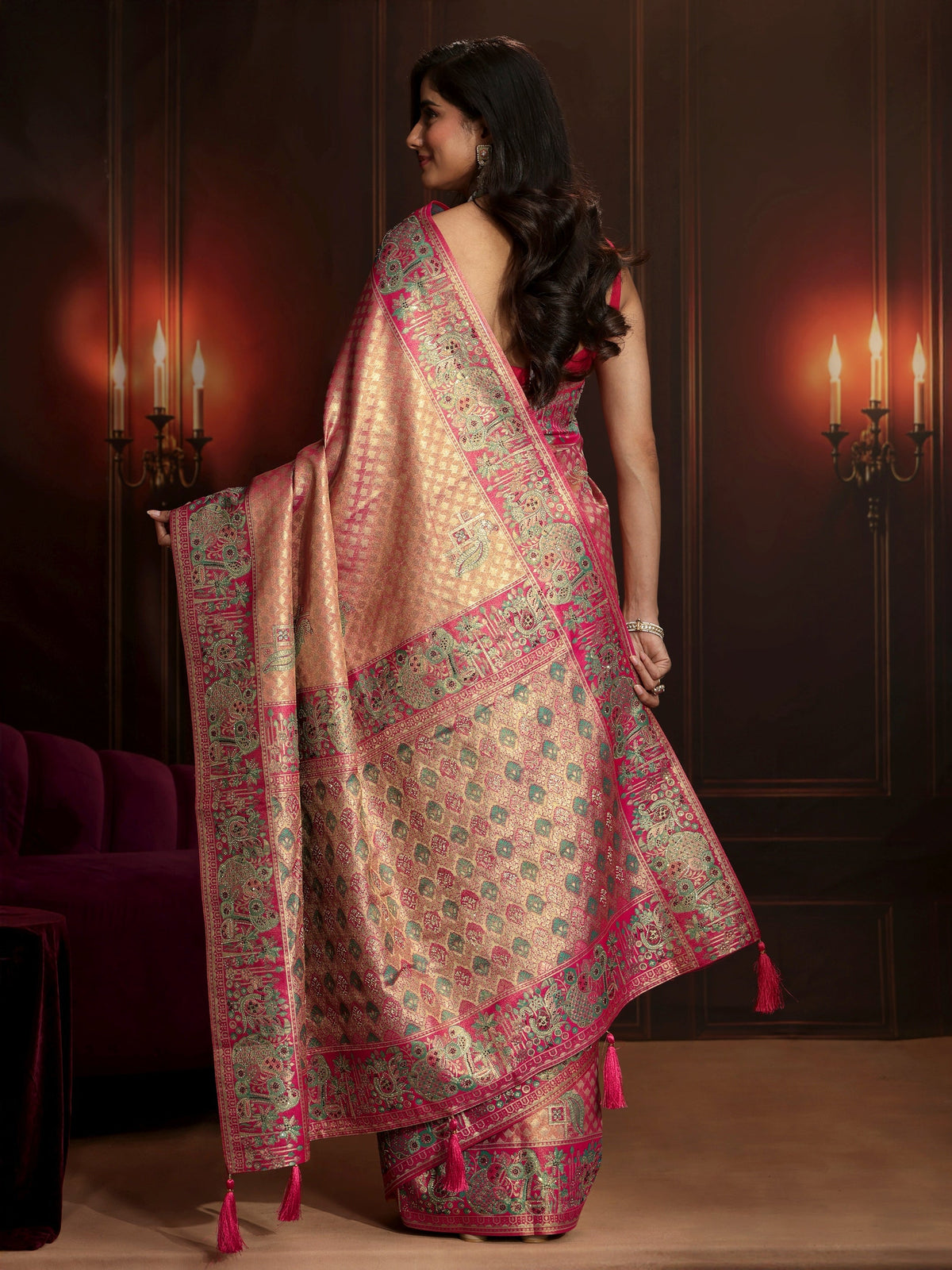 Anouk Art Rose Pink Woven Design Silk Blend Saree