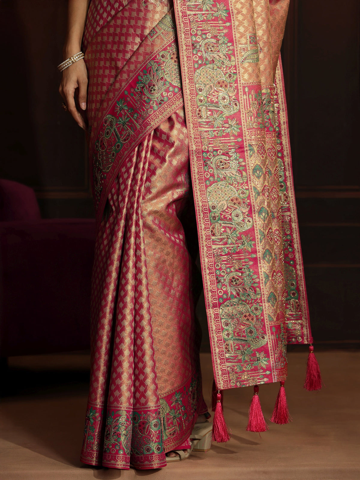 Anouk Art Rose Pink Woven Design Silk Blend Saree
