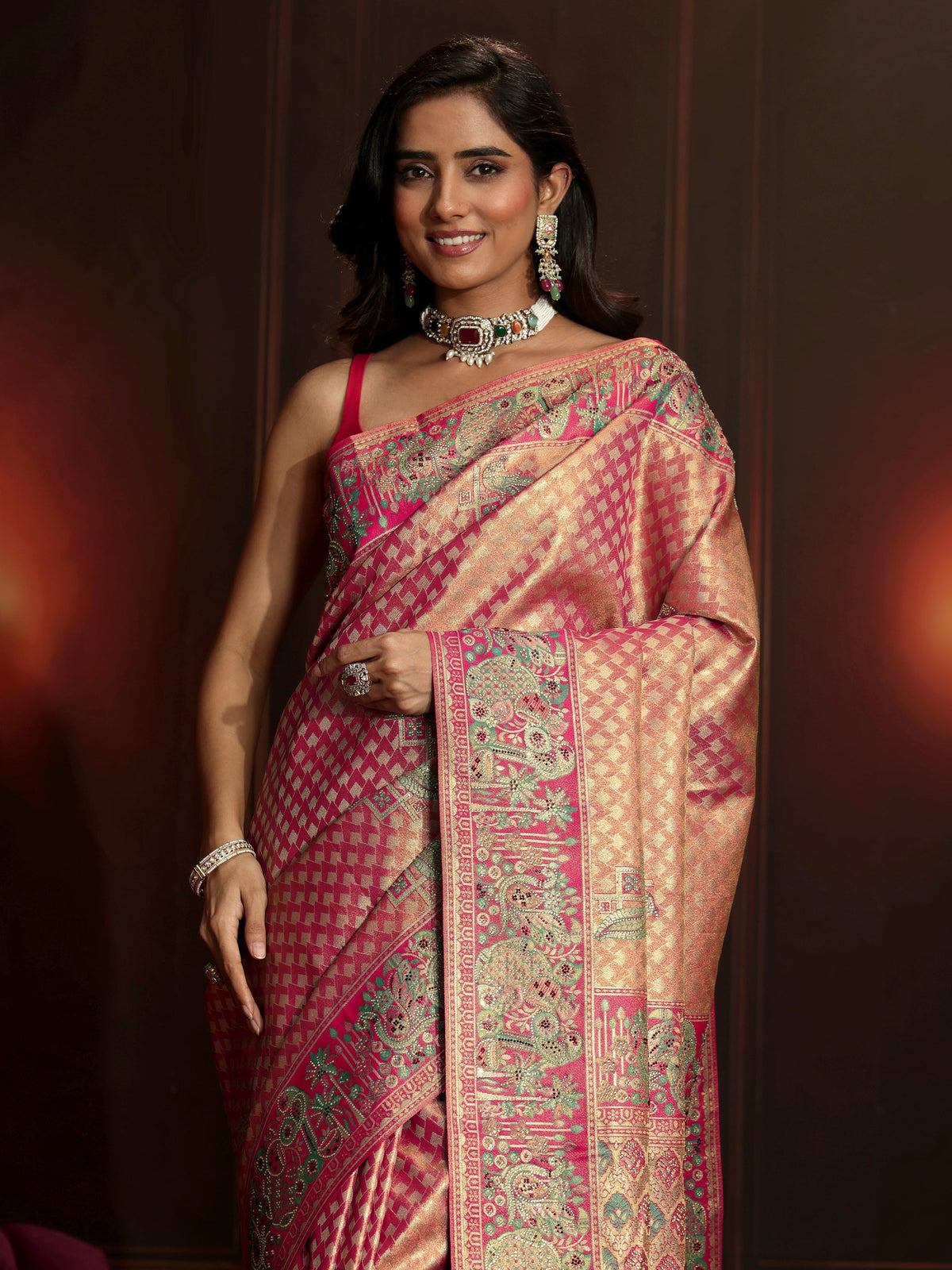 Anouk Art Rose Pink Woven Design Silk Blend Saree