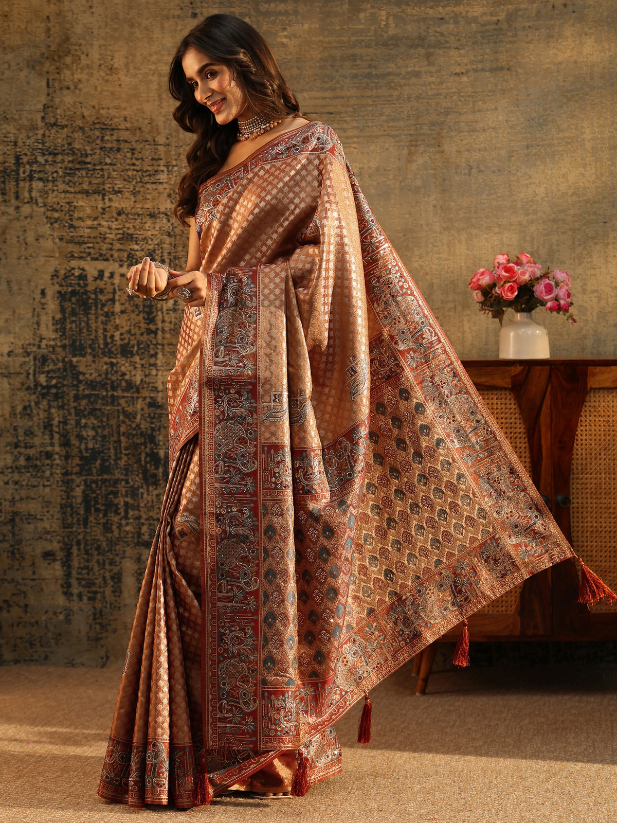 Anouk Art Rust Brown Banarasi SIlk Blend Saree
