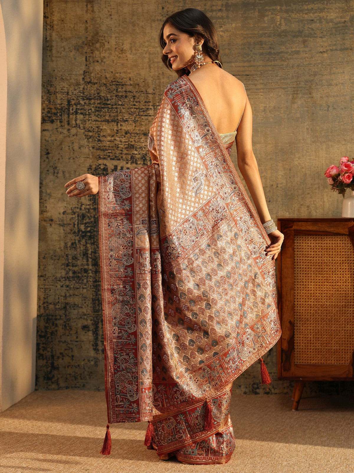 Anouk Art Rust Brown Banarasi SIlk Blend Saree