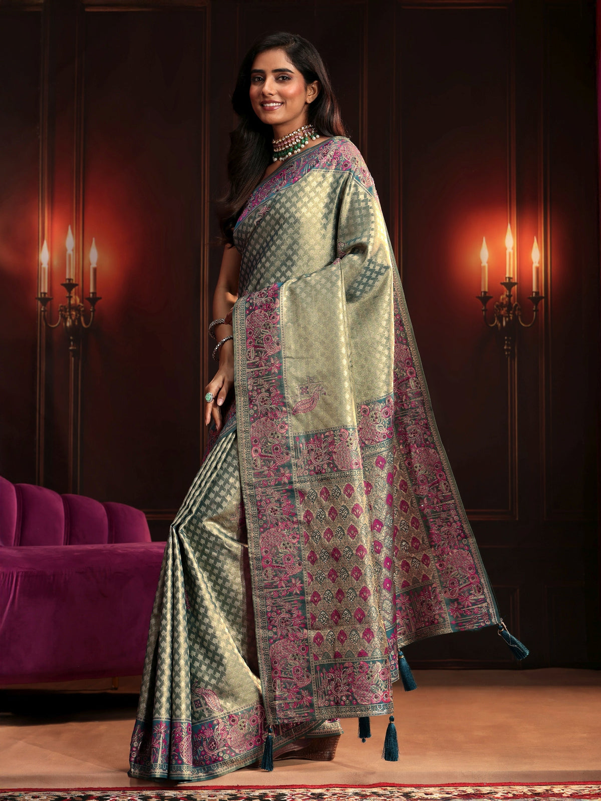 Anouk Art Teal Green Woven Design Silk Blend Saree