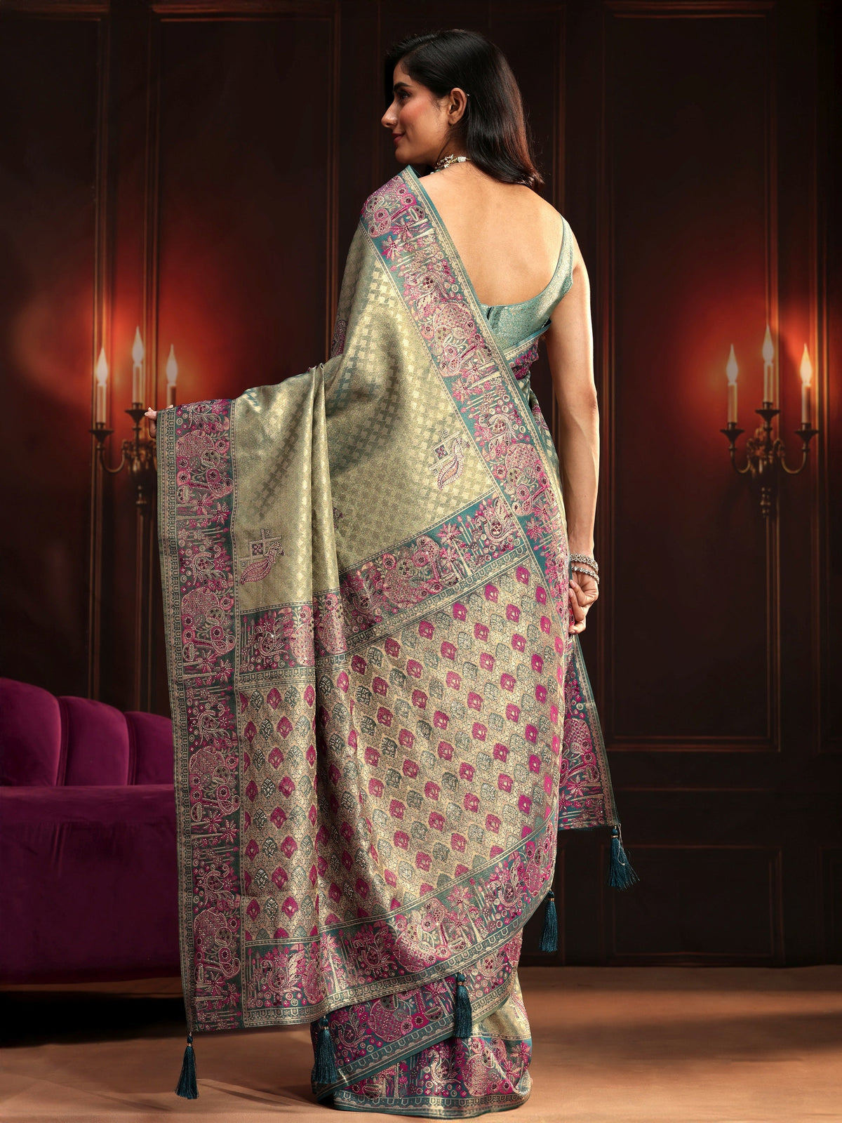Anouk Art Teal Green Woven Design Silk Blend Saree