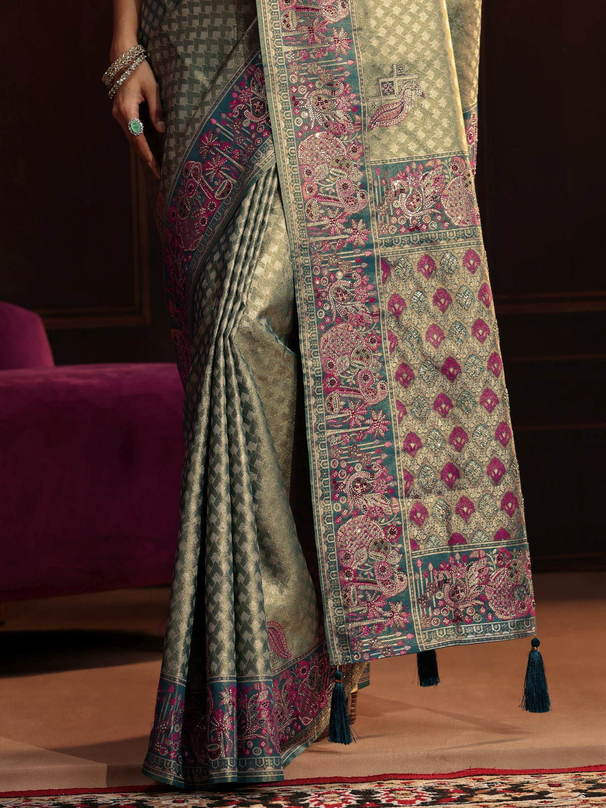 Anouk Art Teal Green Woven Design Silk Blend Saree