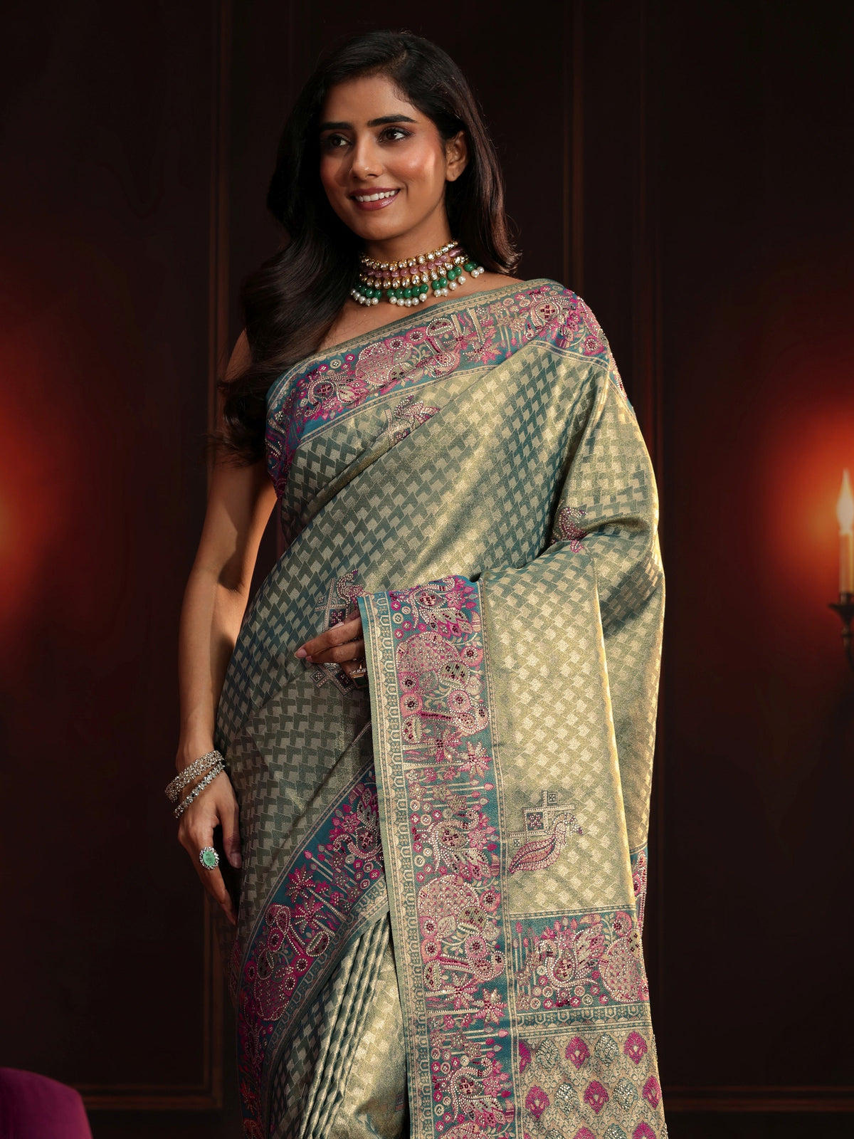 Anouk Art Teal Green Woven Design Silk Blend Saree