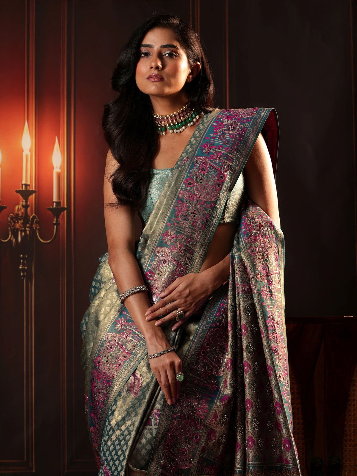 Anouk Art Teal Green Woven Design Silk Blend Saree