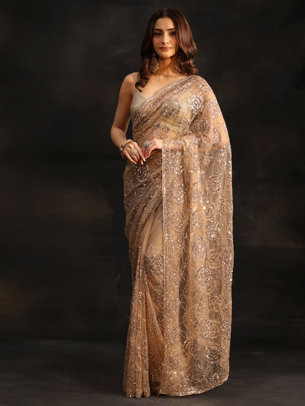 Anouk Art Taupe Grey Sequinned Rosette Design Net Saree