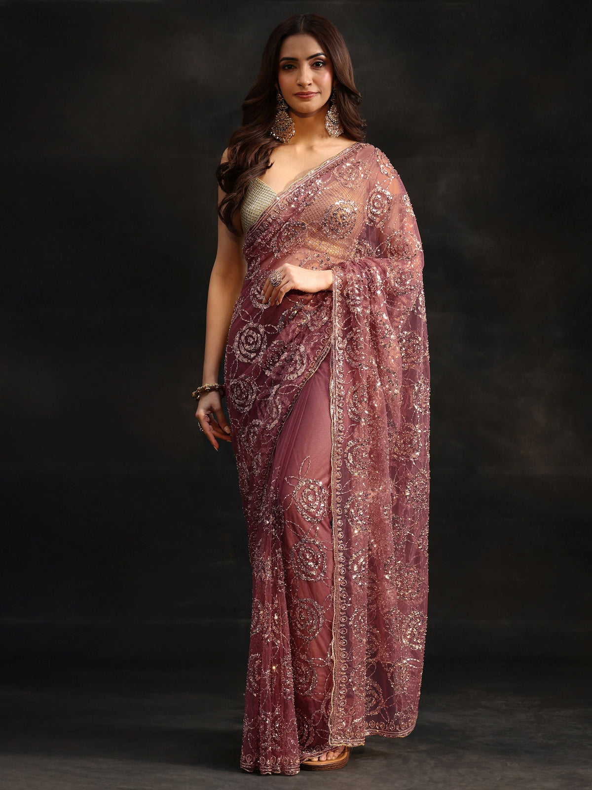 Anouk Art Mauve Sequinned Rosette Design Net Saree