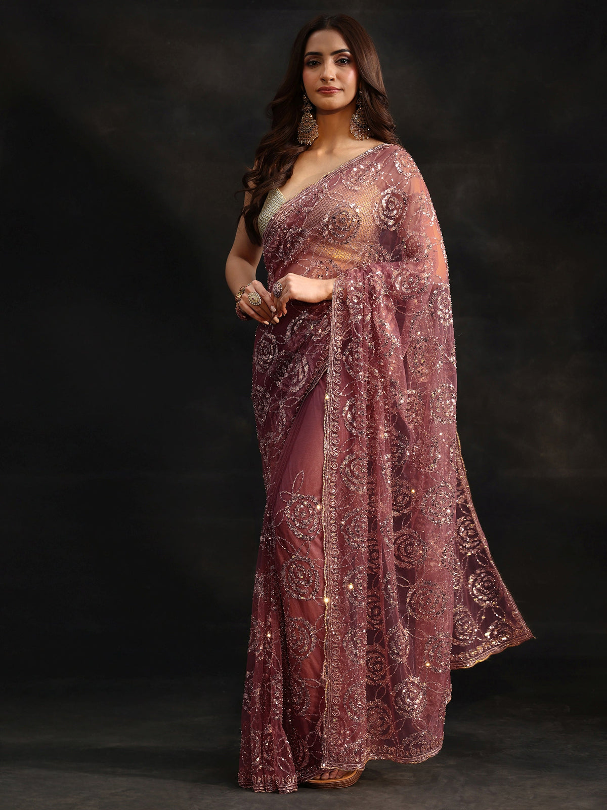 Anouk Art Mauve Sequinned Rosette Design Net Saree