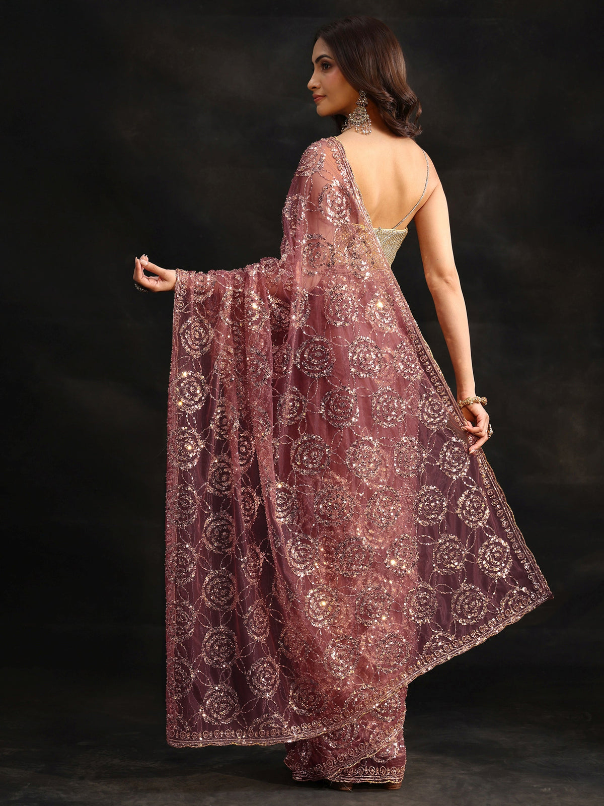 Anouk Art Mauve Sequinned Rosette Design Net Saree