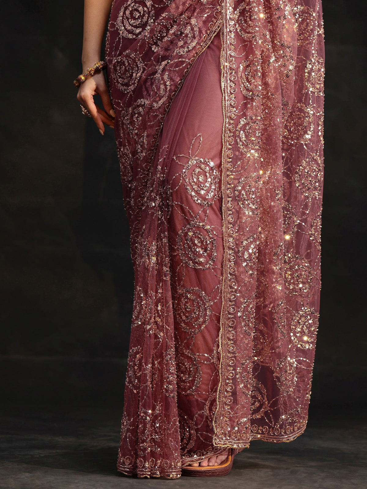 Anouk Art Mauve Sequinned Rosette Design Net Saree