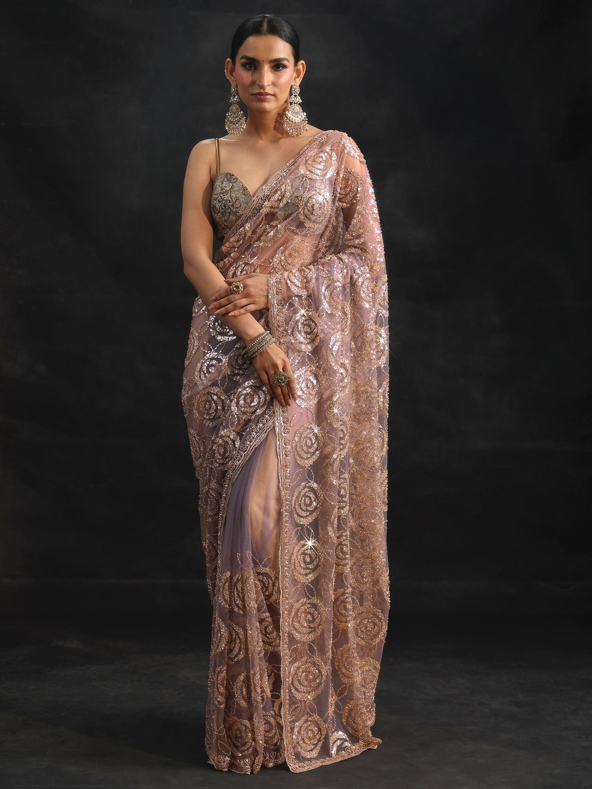 Anouk Art Lavender Sequinned Rosette Design Net Saree