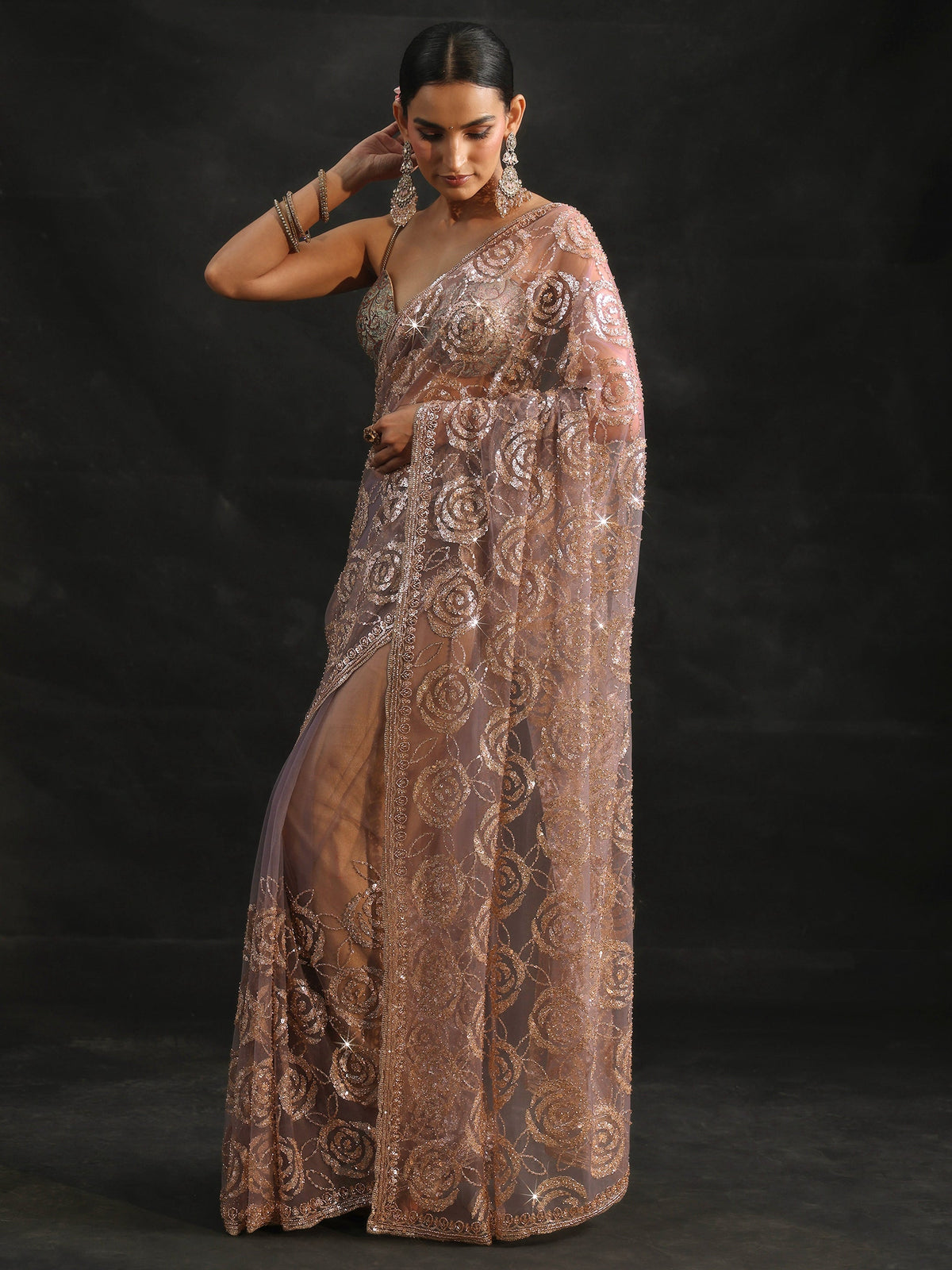 Anouk Art Lavender Sequinned Rosette Design Net Saree